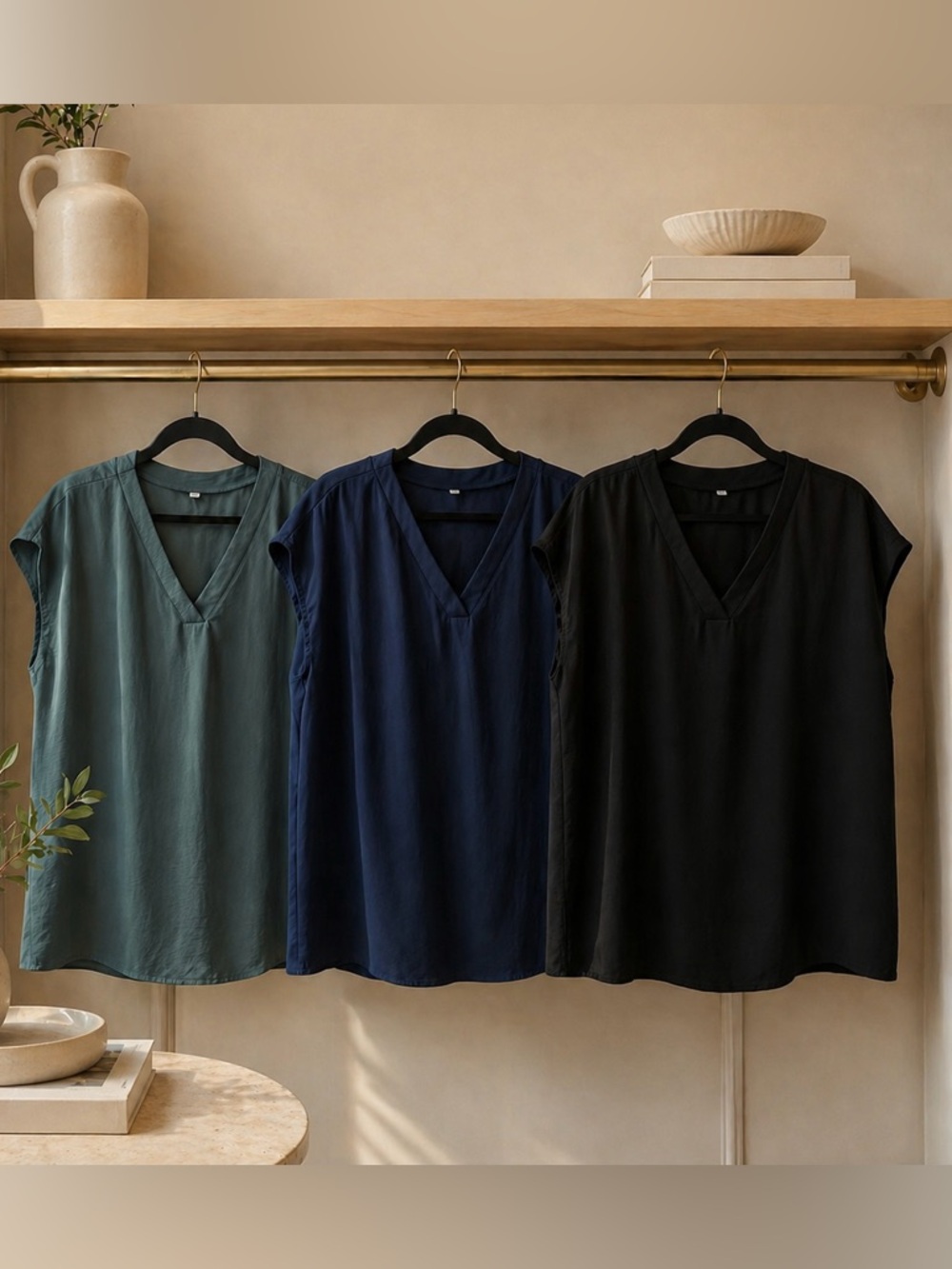 Blouse Trio – Lepunuo XXL Navy Black Jasper Chic Minimalist V-Neck Tops NWOT